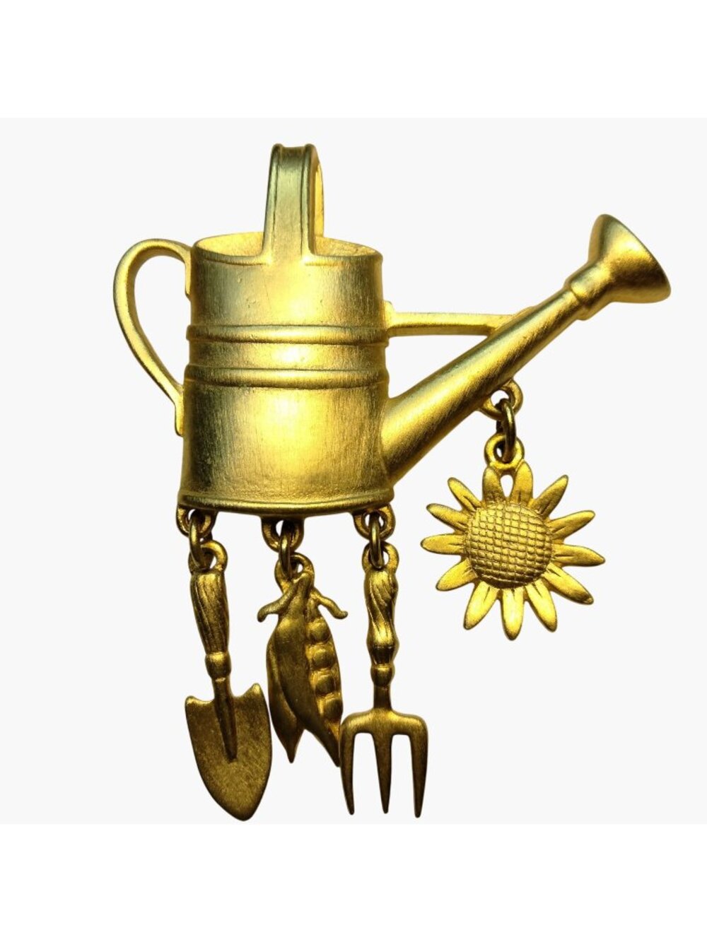 JJ Jonette Watering Can Brooch  Garden Tools Sunflower Charms Vintage Pin